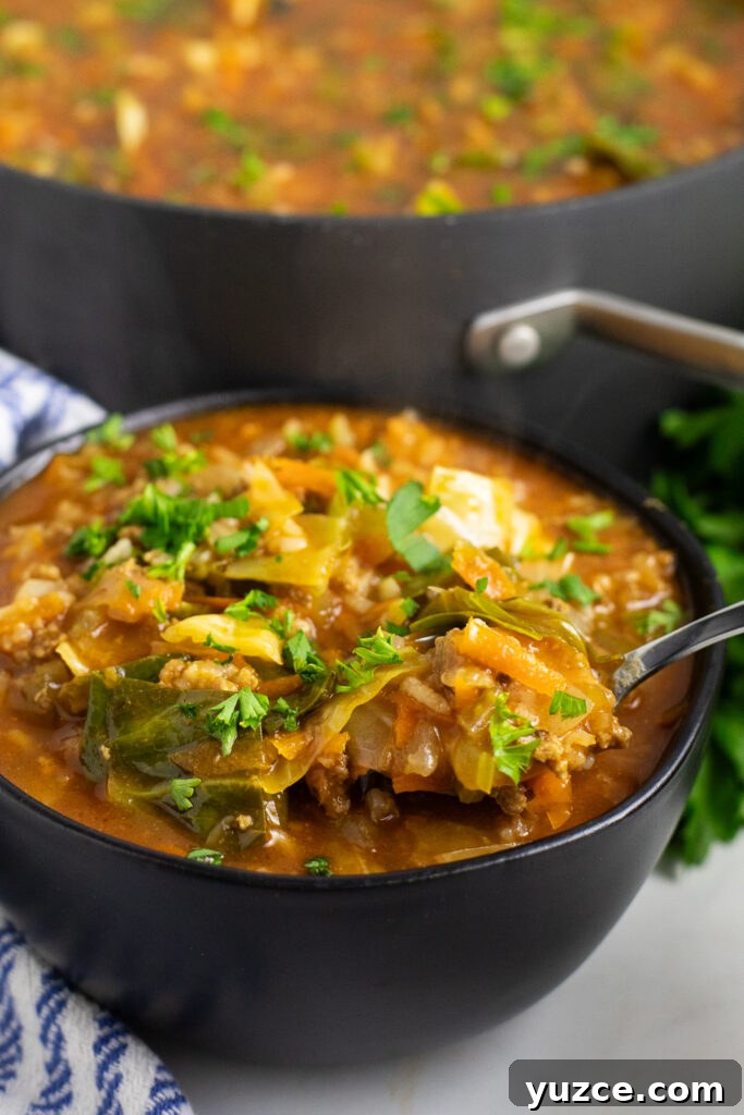 Hearty Cabbage Roll Soup Recipe for Comforting Weeknight Meals 3 A black matte bowl full of cabbage roll soup topped with fresh chopped parsley with a spoon taking a scoop of the soup. A linen napkin is next to the bowl and the pot is behind the bowl.