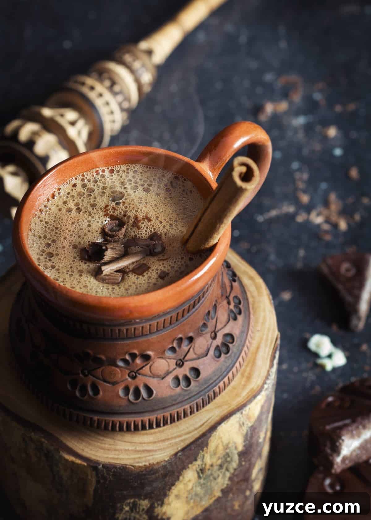 Oaxacan Hot Chocolate (Xocolatl): Authentic Mexican Recipe 9 A close up of the hot chocolate drink with cinnamon.