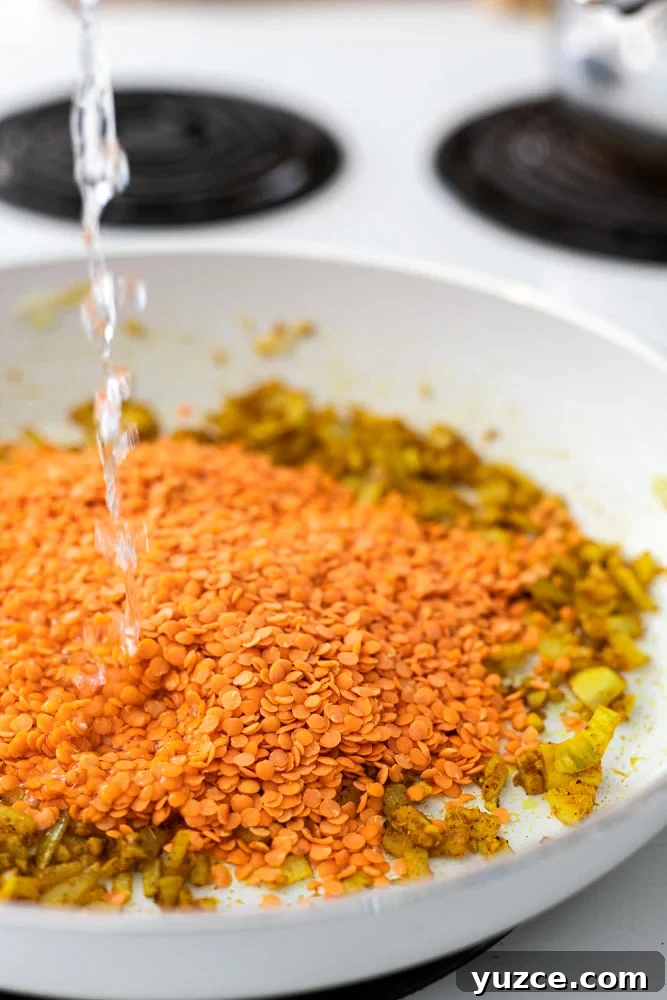 Creamy Red Lentil Curry Recipe with Coconut and Spices 4 Adding red lentils and water to the skillet.