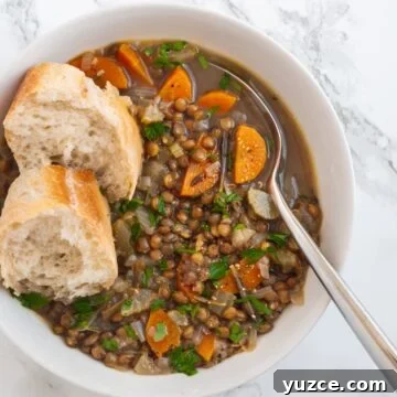 a bowl of french lentil soup with two slices of crusty bread in it.