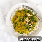 Creamy Red Lentil Curry Recipe with Coconut and Spices 10 a top down view of a bowl of red lentil curry over rice.