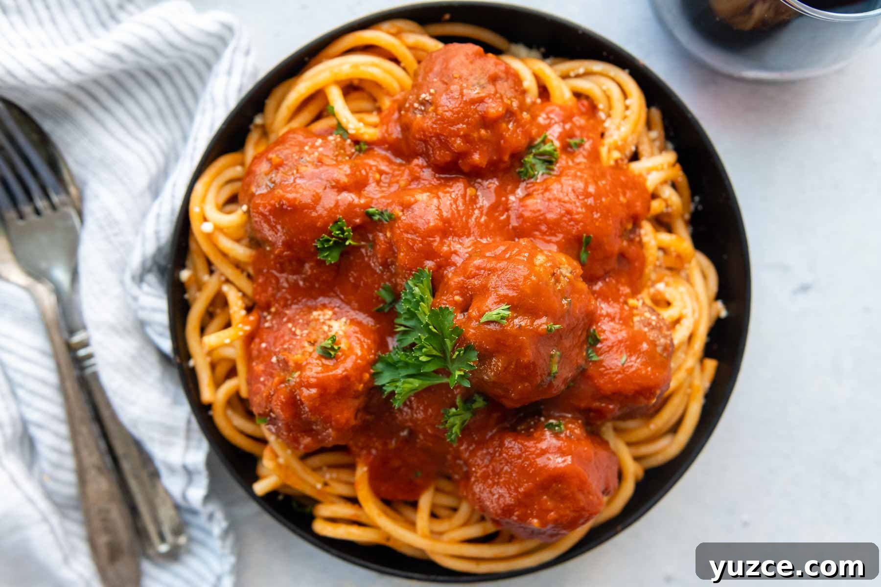 Gluten-Free All-Beef Meatballs Without Breadcrumbs 5 overhead shot of spaghetti with meatballs.