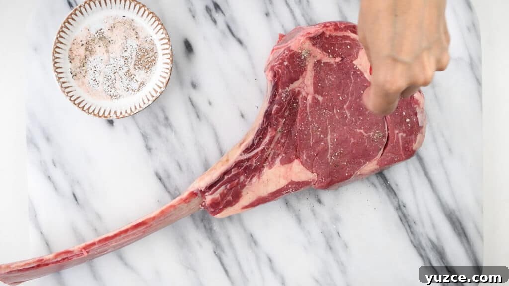 Perfect Reverse Sear Steak Technique for Tender, Crispy Results 6 seasoning a large steak with salt and pepper
