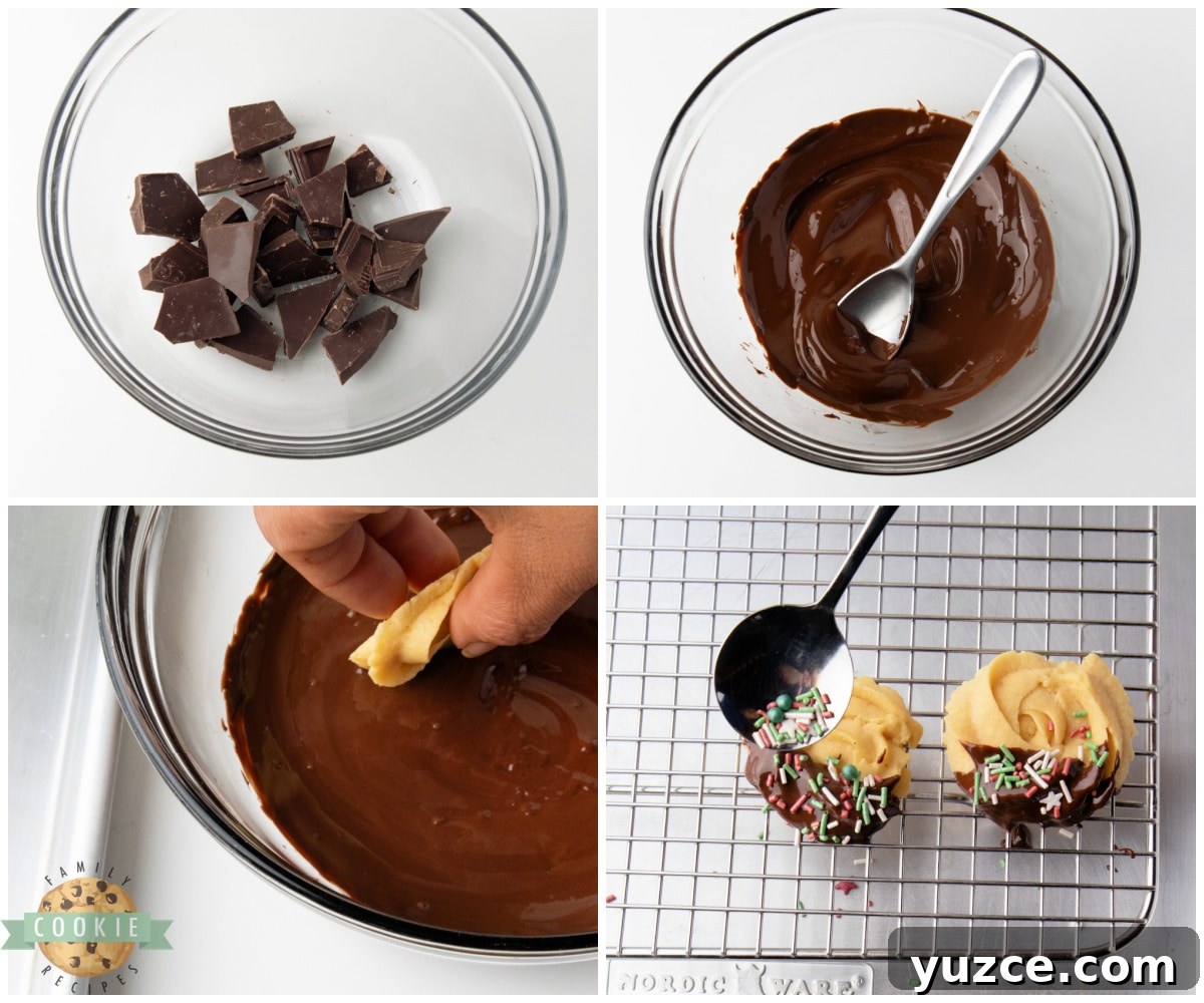 Dipping baked cookies in melted chocolate.
