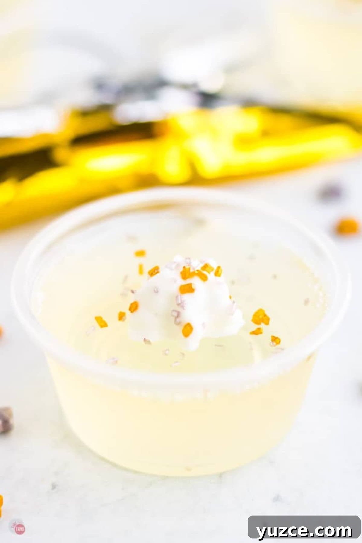 Champagne Jello Shots Recipe: Fizzy Party Cocktail Bites 2 jello shot in a small cup with glitter on top