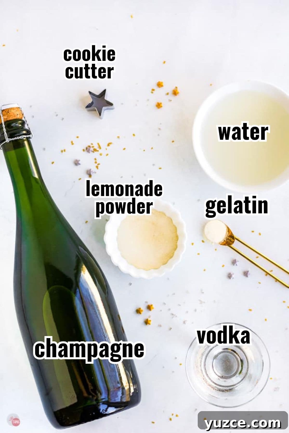 Champagne Jello Shots Recipe: Fizzy Party Cocktail Bites 3 labeled ingredients for jello shots with champagne