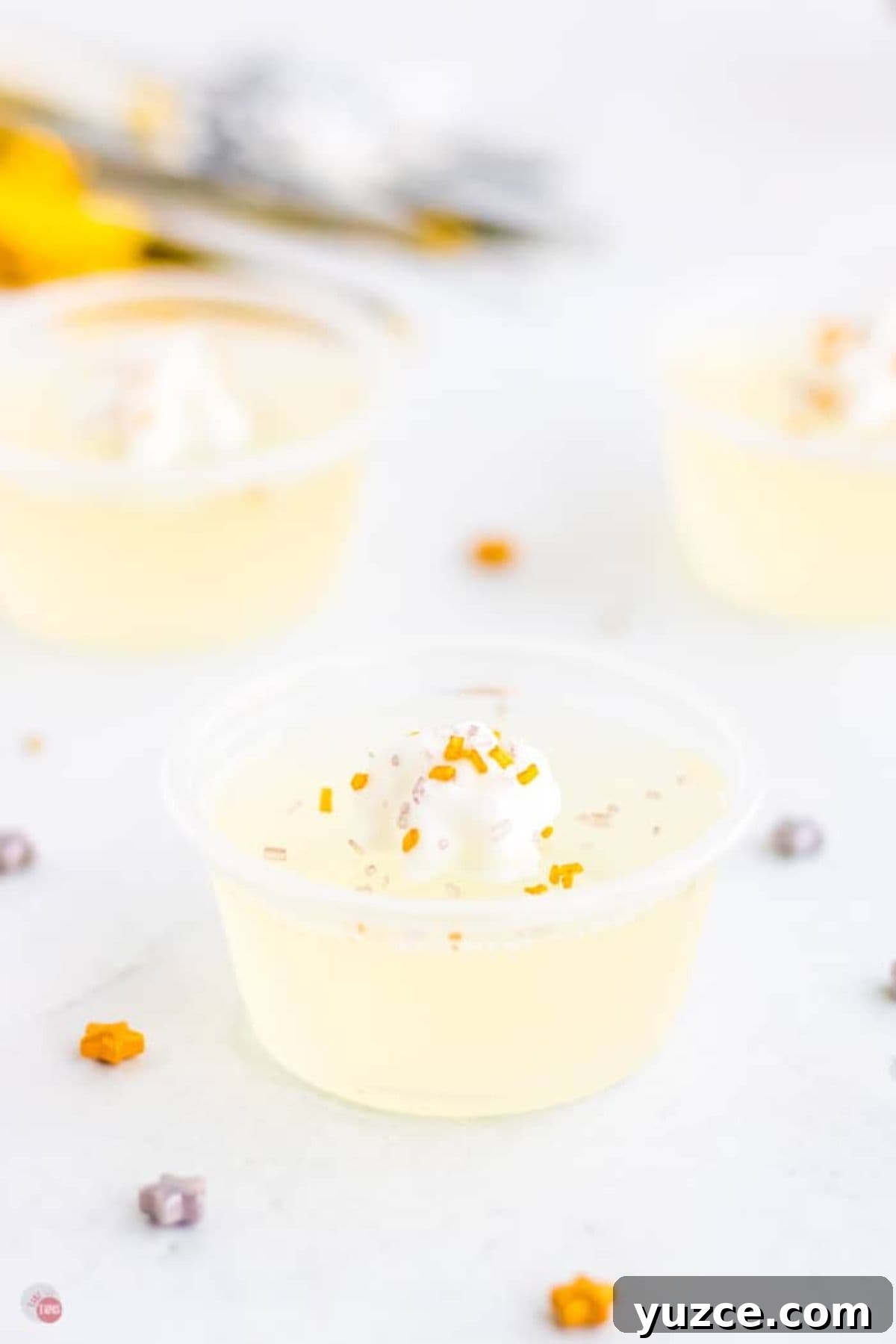 Champagne Jello Shots Recipe: Fizzy Party Cocktail Bites 6 jello shot with whipped cream on top