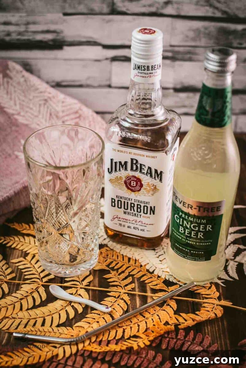 Classic Bourbon Highball Recipe: Refreshing Whiskey Cocktail Guide 3 Bourbon highball ingredients - Bourbon, Ginger beer, cubed ice.