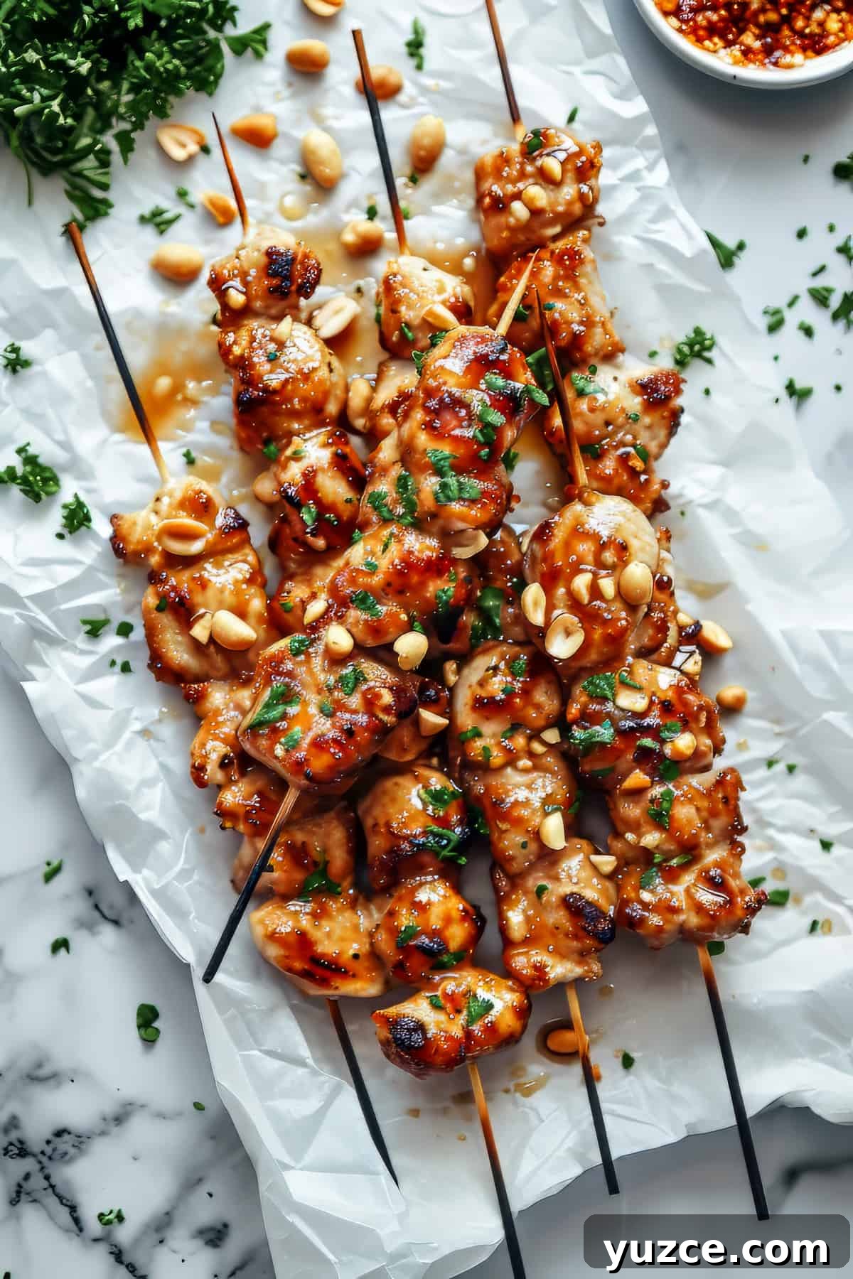 Grilled Asian Chicken Skewers with Honey Garlic Glaze 2 Sticky honey garlic chicken skewers with peanuts and honey garlic sauce.