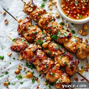 Sticky honey garlic chicken with peanuts and honey garlic sauce.