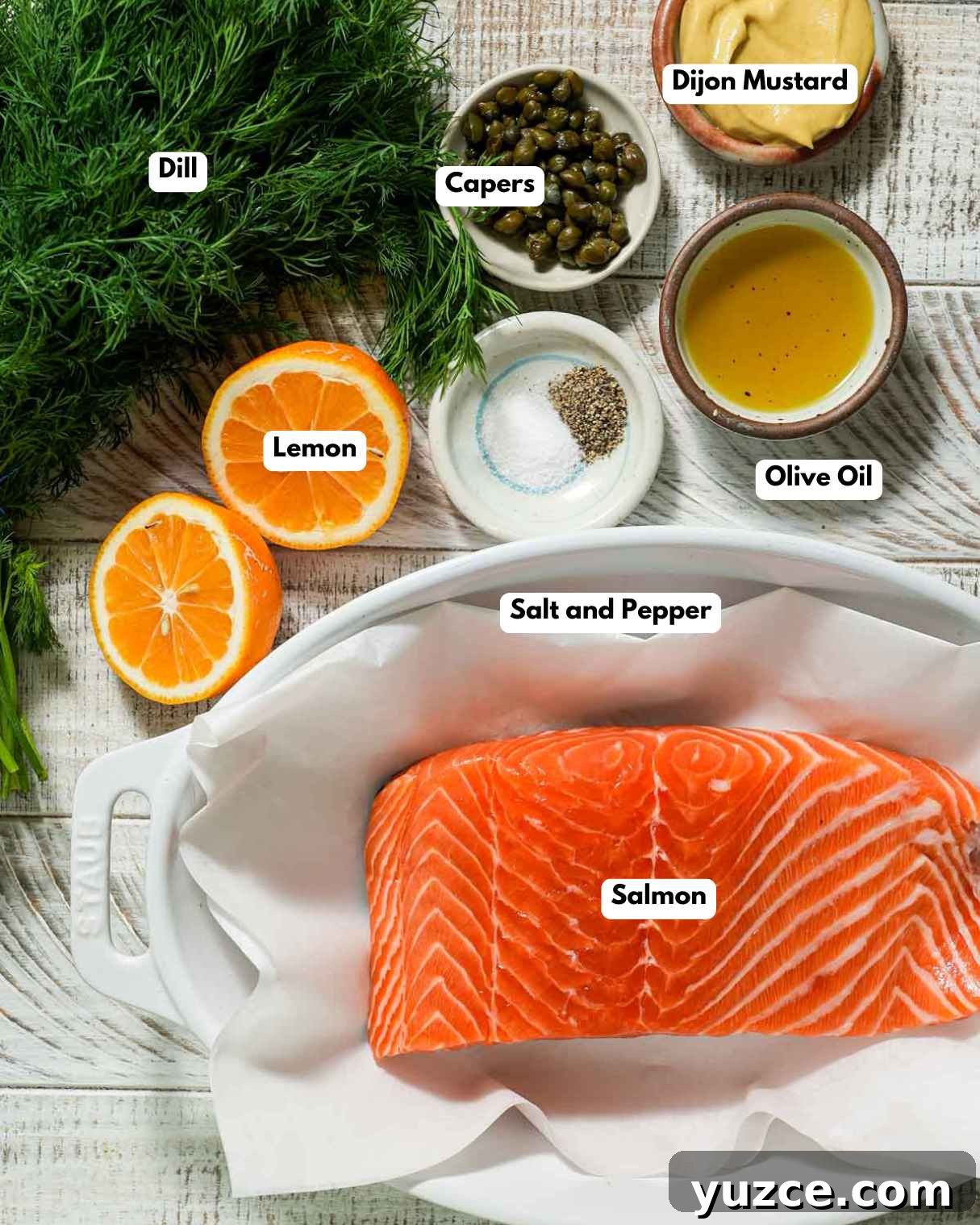 Dijon-Baked Salmon with Fresh Dill and Lemon 3 The ingredients laid out to make salmon with mustard dill sauce.