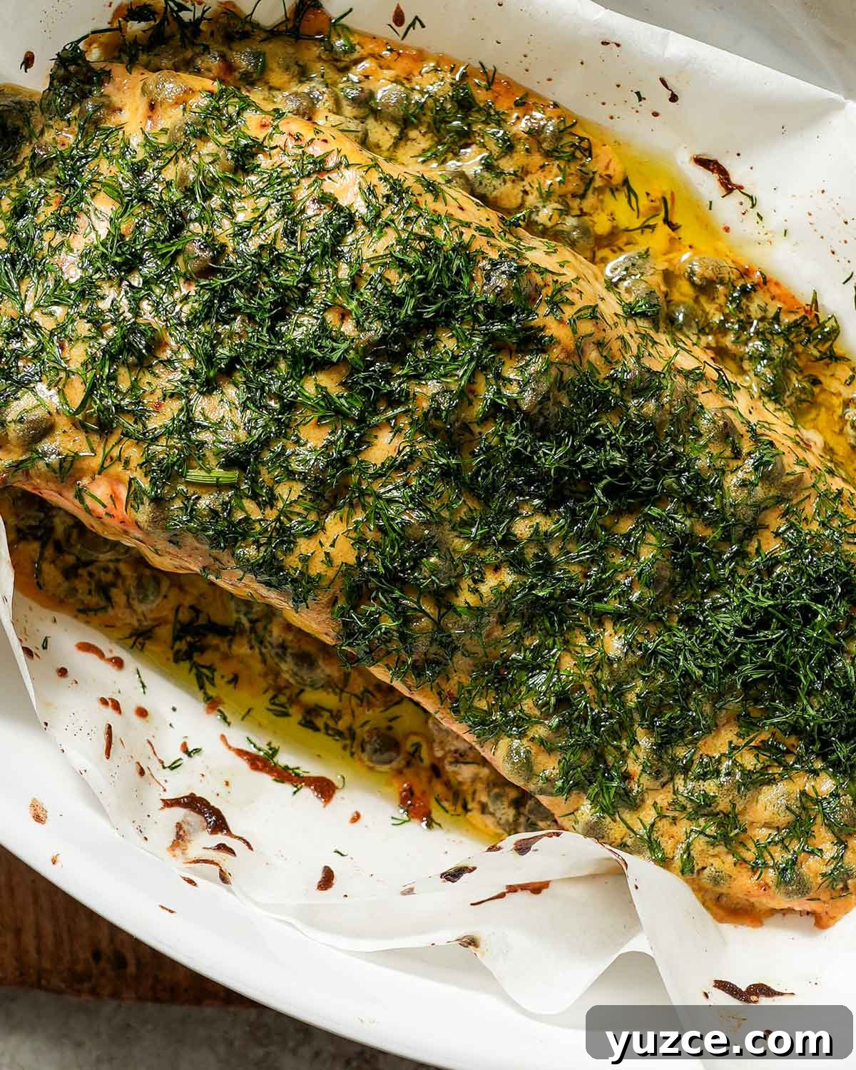 Dijon-Baked Salmon with Fresh Dill and Lemon 6 A baking dish of mustard dill salmon just out of the oven.
