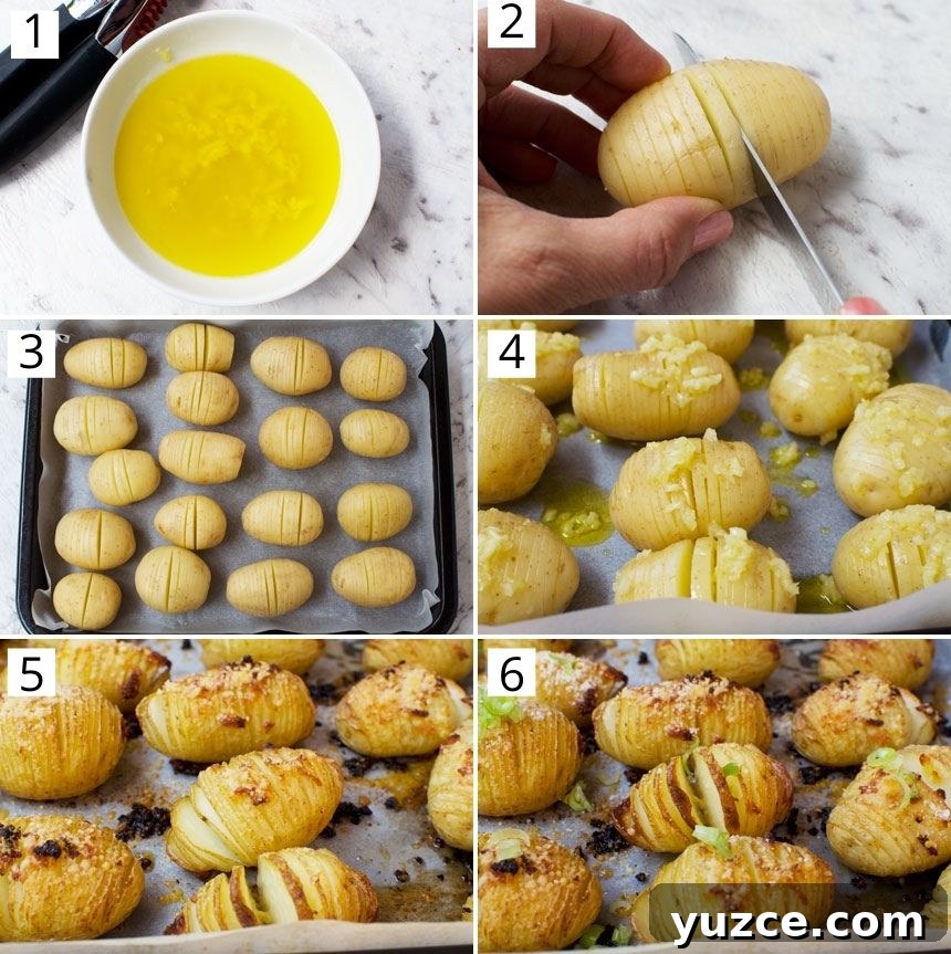 mini garlic & parmesan hasselback potatoes Collage of images showing how to make mini hasselback potatoes