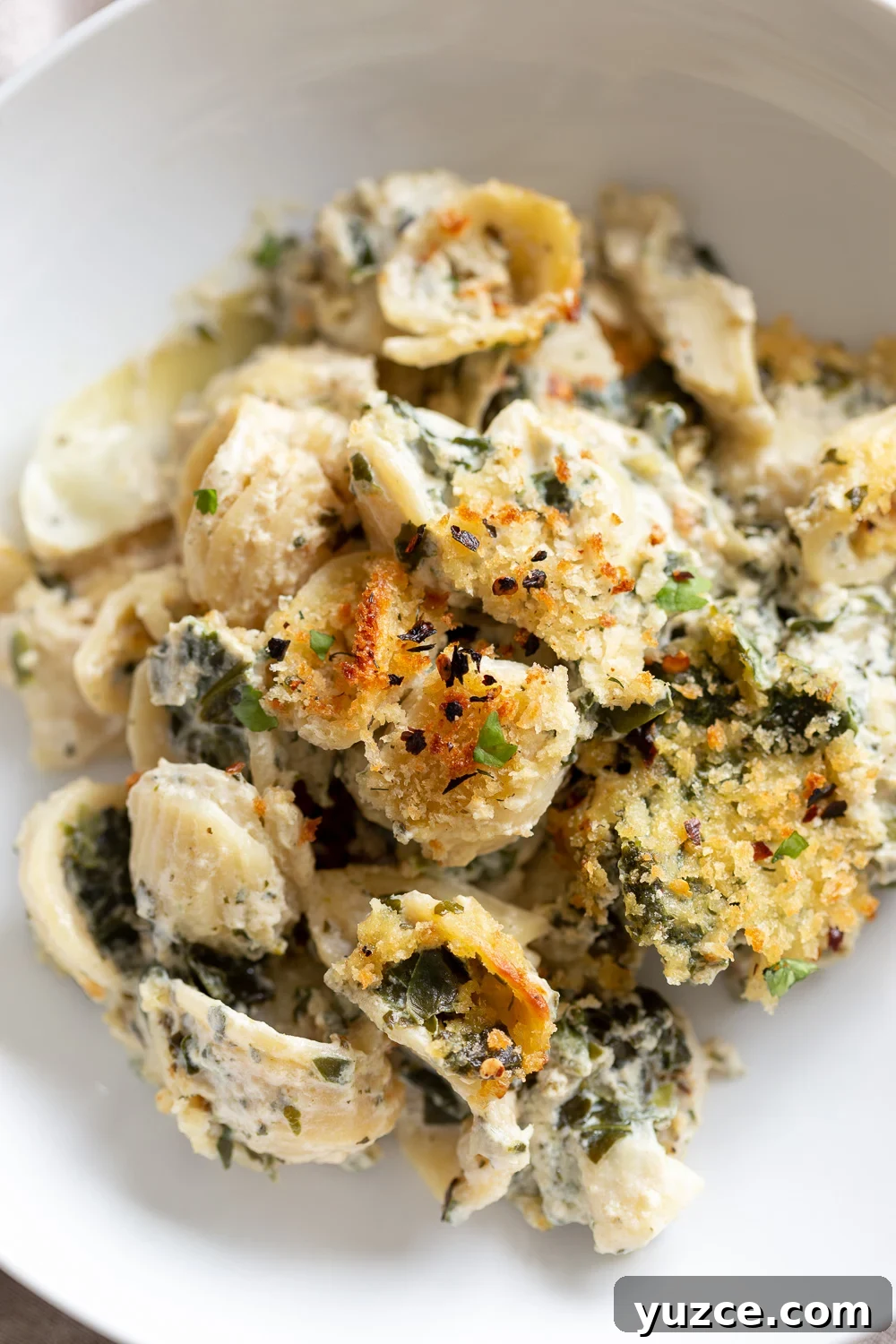 spinach pasta recipe overhead shot of a plate of vegan spinach and artichoke pasta bake with breadcrumb topping