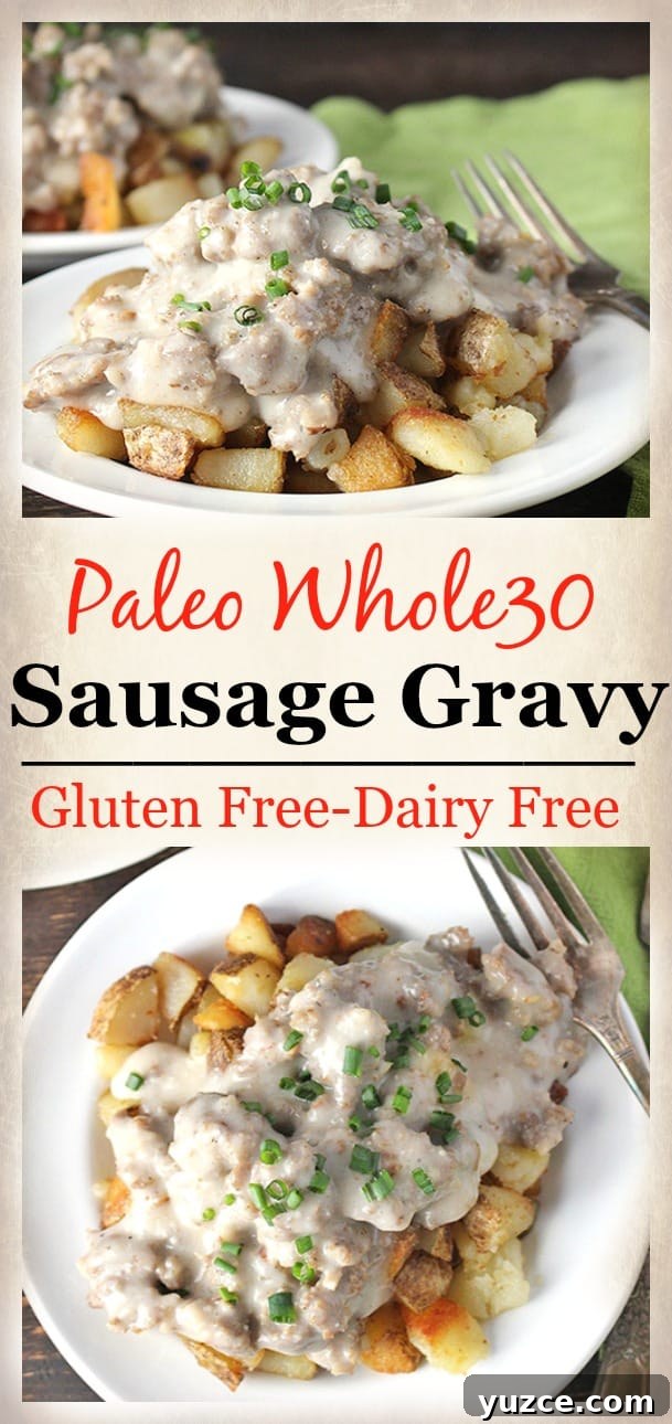 This Paleo Whole30 Sausage Gravy is so easy to make and packed with flavor. Creamy, thick, and so delicious! A classic made gluten free and dairy free and just as good! Paleo Whole30 Sausage Gravy