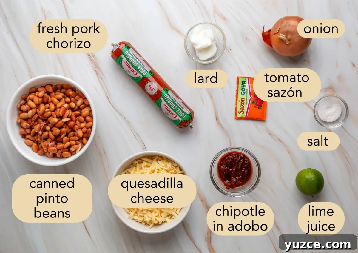 Chipotle Chorizo Bean Dip Recipe — Smoky Spicy Party Dip 3 Flat lay of ingredients labeled for chorizo bean dip: fresh pork chorizo, canned pinto beans, shredded quesadilla cheese, chipotle in adobo, lard, tomato sazón packet, onion, salt, and lime juice.