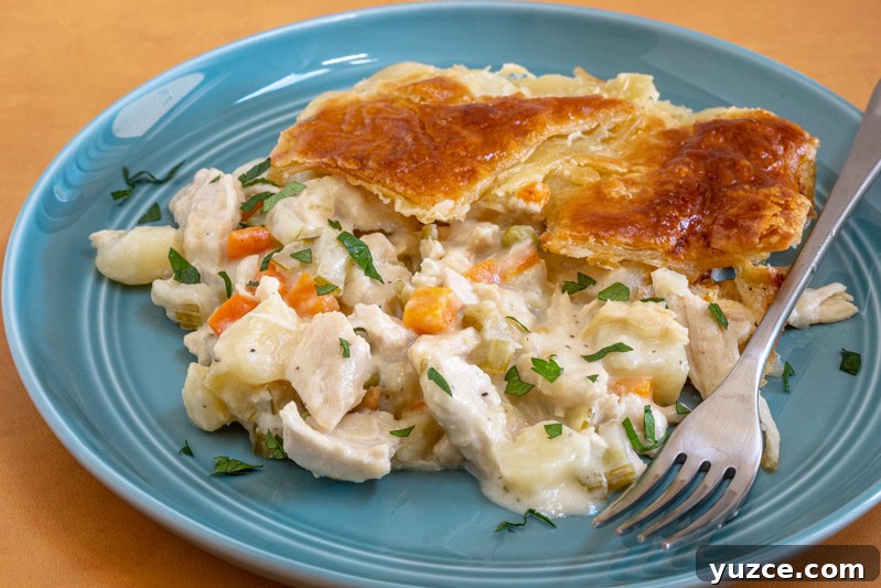 Patchwork Puff Pastry Chicken Pot Pie with Golden Crust 8 A serving of chicken pot pie with puff pastry topping.