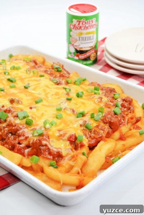 Chili Cheese Fries Recipe: Loaded Fries with Spicy Beef and Melted Cheese 2 french fries topped with beefy chili, shredded cheese, and green onions in a white square dish.