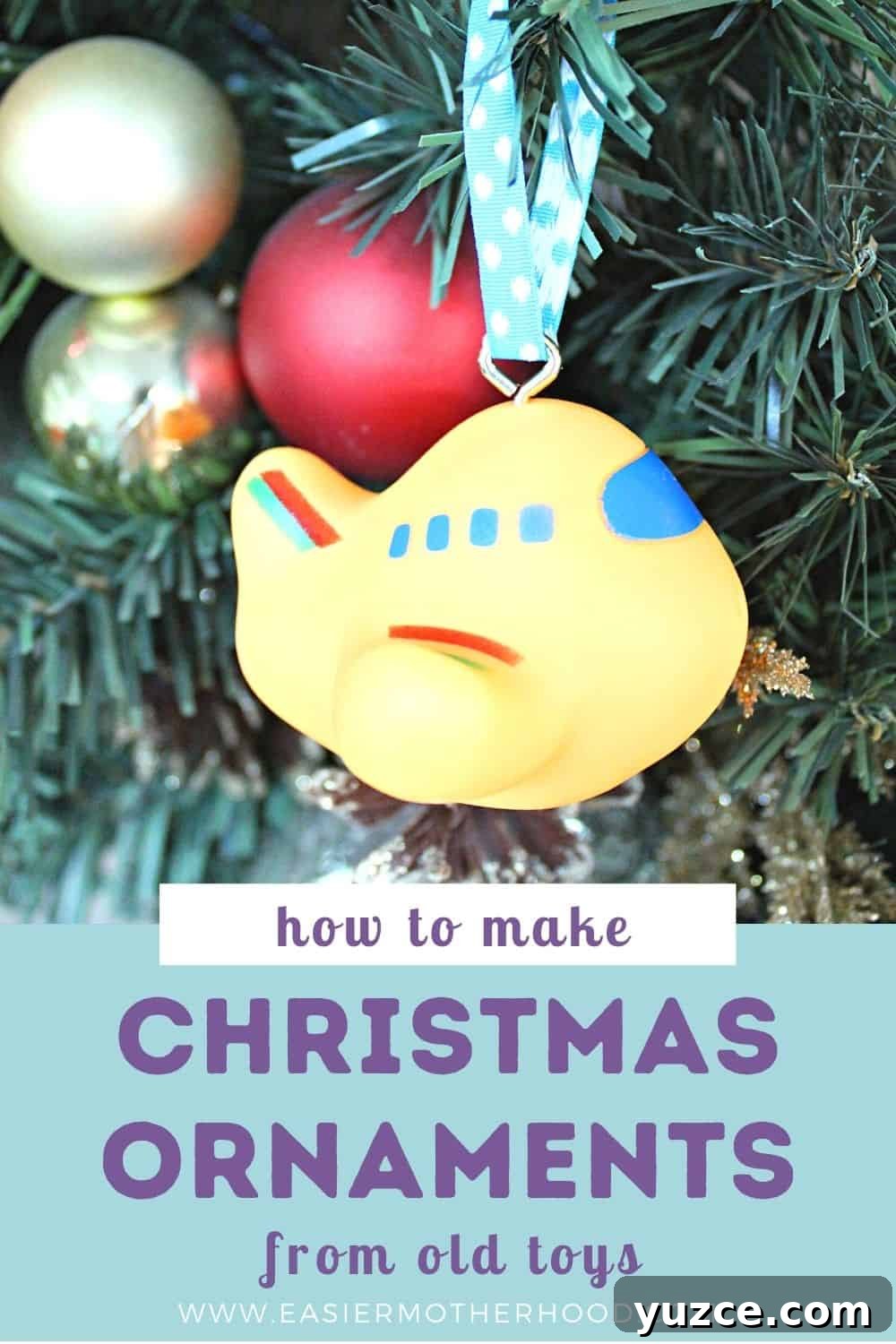 Pin has image of a toy plane that has been made into a Christmas ornament hanging with other decorations in the background. Text below the image reads 'how to make christmas ornaments from old toys'.