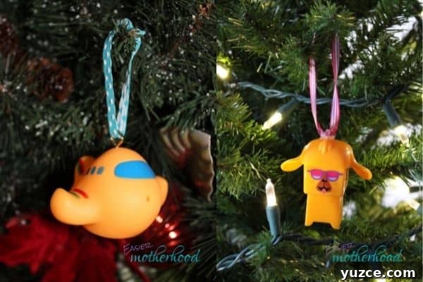 Two old toys (one plane, one block toy) turned into Christmas ornaments and hanging.
