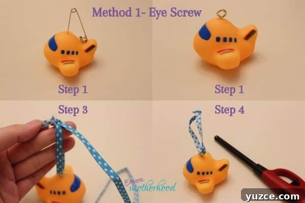 Image illustrating the four steps of turning a toy into a Christmas ornament using the eye screw method- using the safety pin, inserting the screw, tying and trimming the ribbon loop, and melting the ribbon ends to avoid fraying.