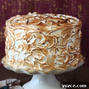 Hazelnut Meringue Cake Recipe with Crispy Layers and Creamy Filling 2 Close up of a Banana Meringue Cake on a white cake platter.