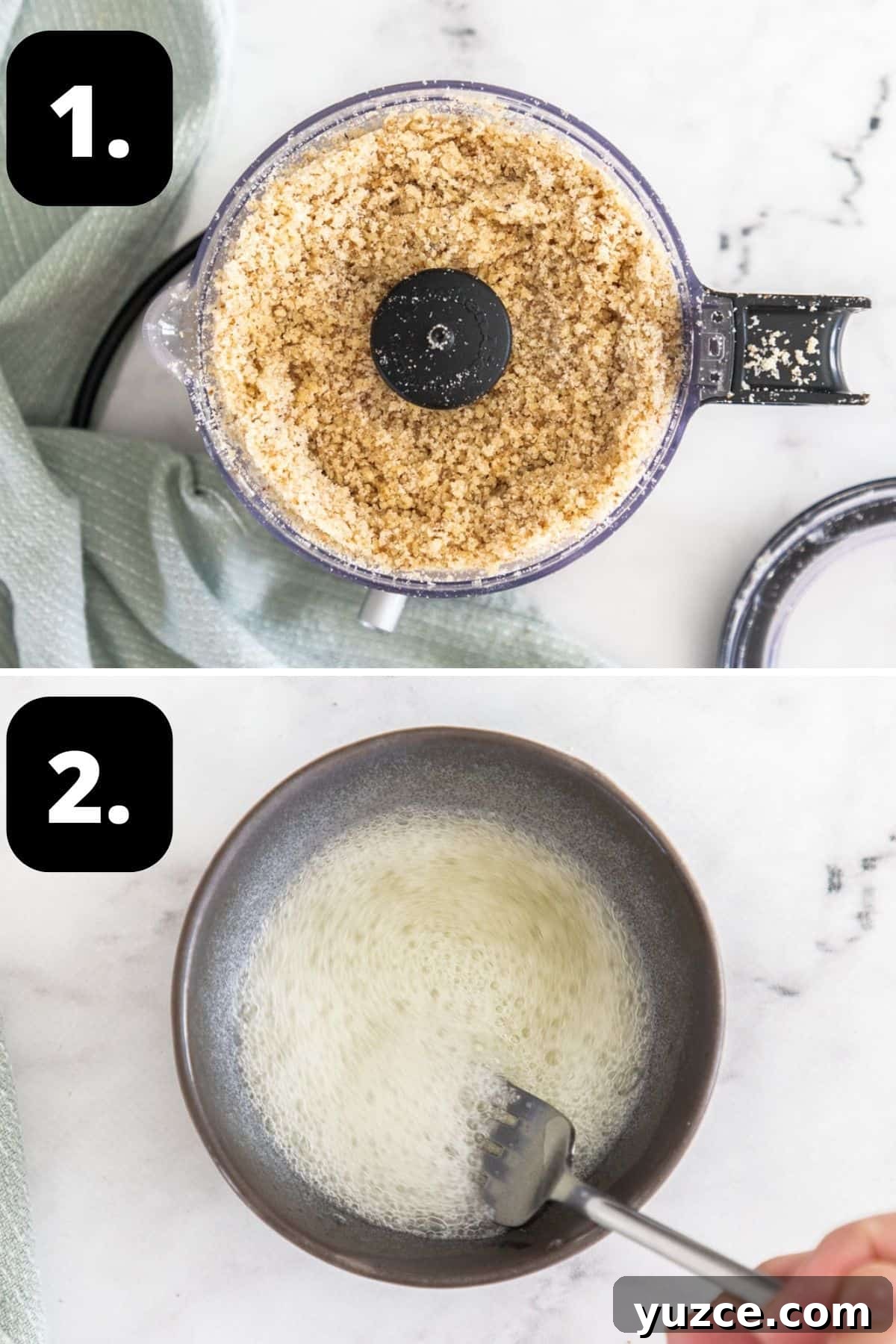 Gluten-Free Walnut Cookie Recipe — Crunchy Homemade Treat 4 Steps 1-2 of preparing this recipe: grinding the nuts and sugar in a food processor and the whisked egg whites in small bowl.