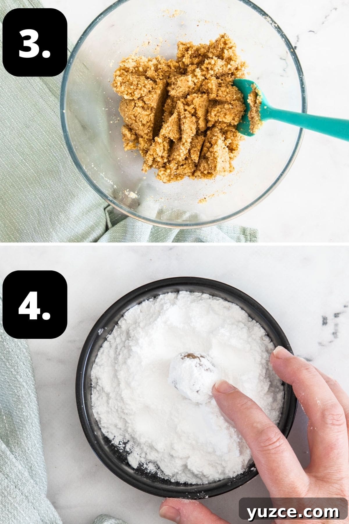 Gluten-Free Walnut Cookie Recipe — Crunchy Homemade Treat 5 Steps 3-4 of preparing this recipe: the combined mixture in a large bowl and rolling the cookie balls in icing sugar.