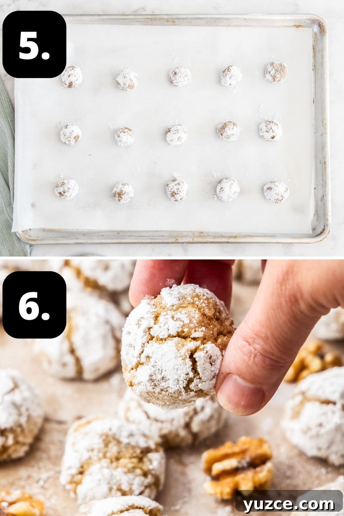 Gluten-Free Walnut Cookie Recipe — Crunchy Homemade Treat 6 Steps 5-6 of preparing this recipe: the cookies on a baking tray ready for the oven and the baked cookies.