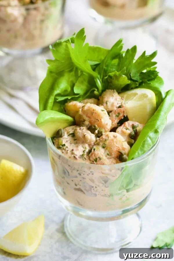 Shrimp Cocktail with Sriracha Remoulade Sauce 9 Photo of Sriracha Shrimp Remoulade Cocktail with lettuce, celery leaves, avocado wedge and lemon wedge.
