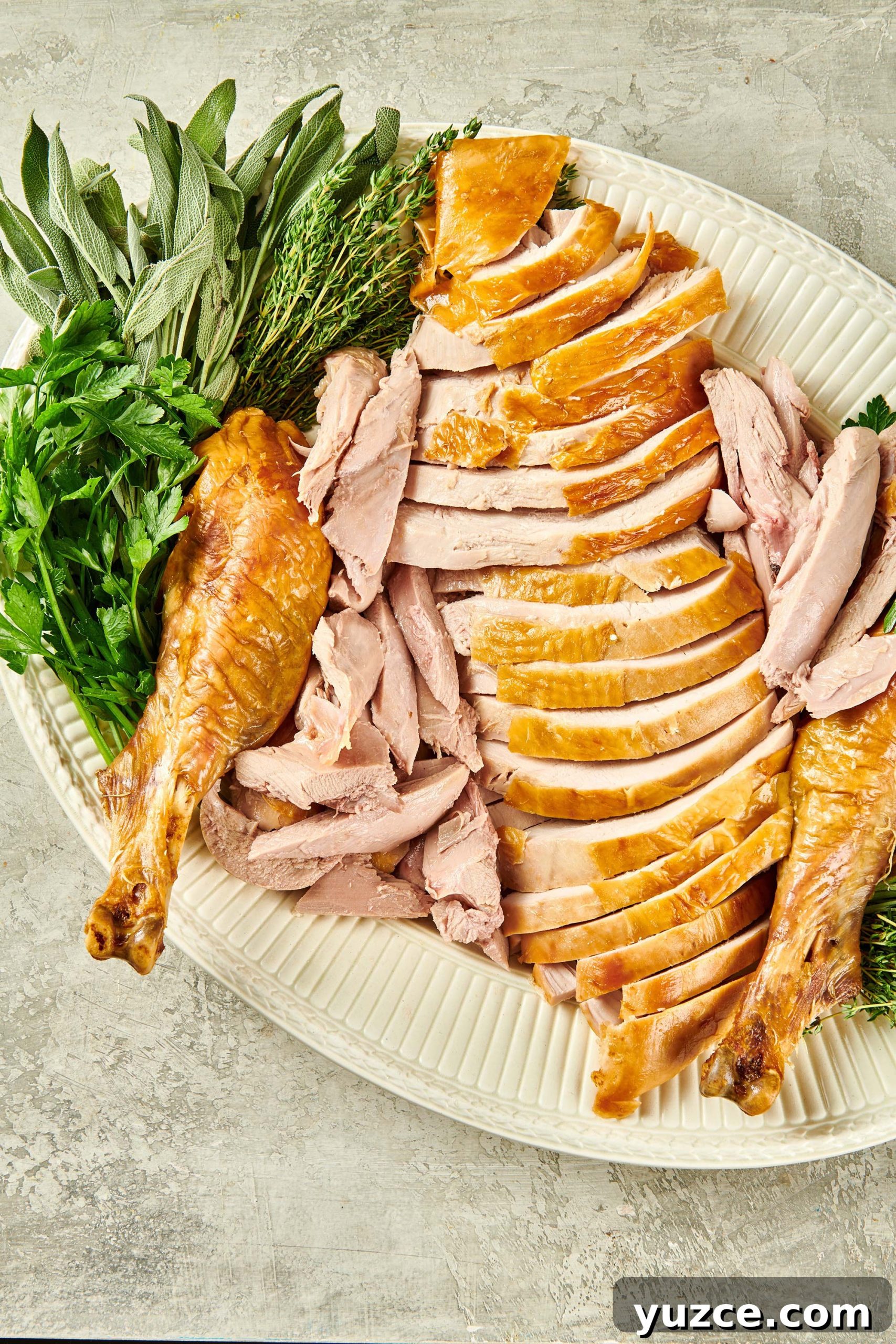 Perfect Turkey Carving Guide: Step-by-Step Tips for Juicy Slices 2 Carved turkey on a serving platter.