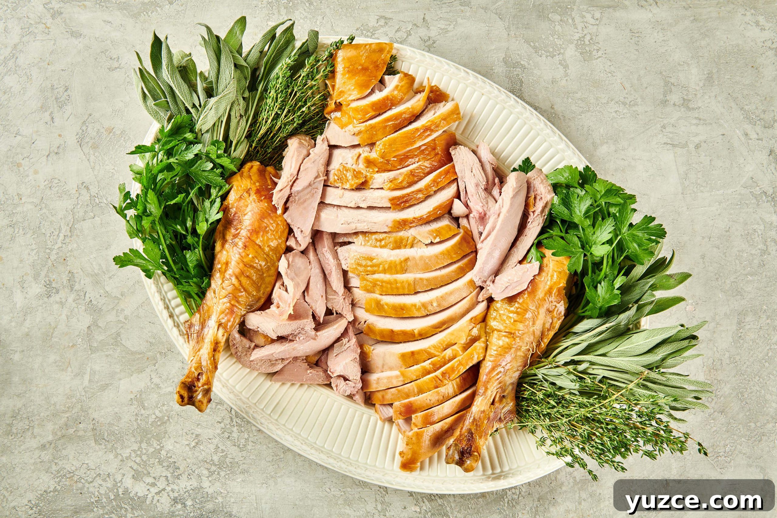 Perfect Turkey Carving Guide: Step-by-Step Tips for Juicy Slices 11 Platter of herbs and carved turkey.