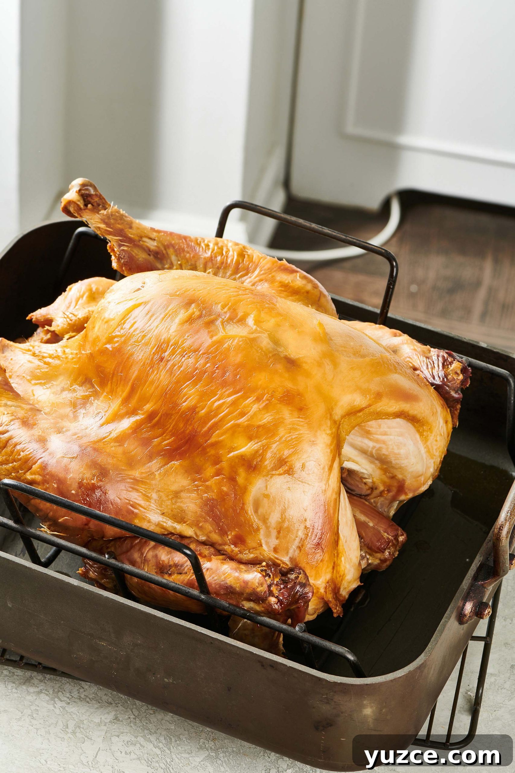 Perfect Turkey Carving Guide: Step-by-Step Tips for Juicy Slices 3 Whole turkey in a roasting pan.