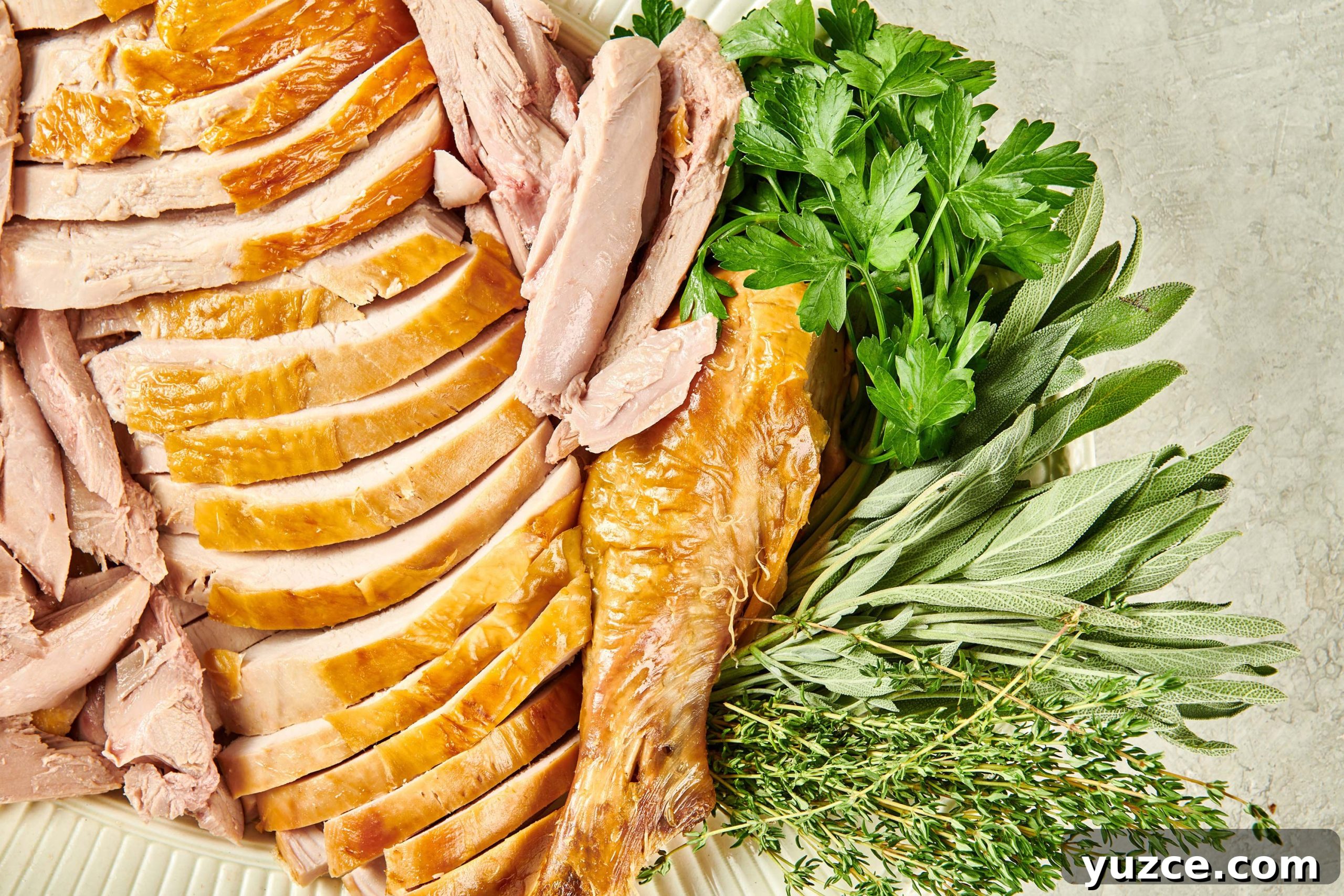 Perfect Turkey Carving Guide: Step-by-Step Tips for Juicy Slices 4 Carved turkey and herbs on a platter.