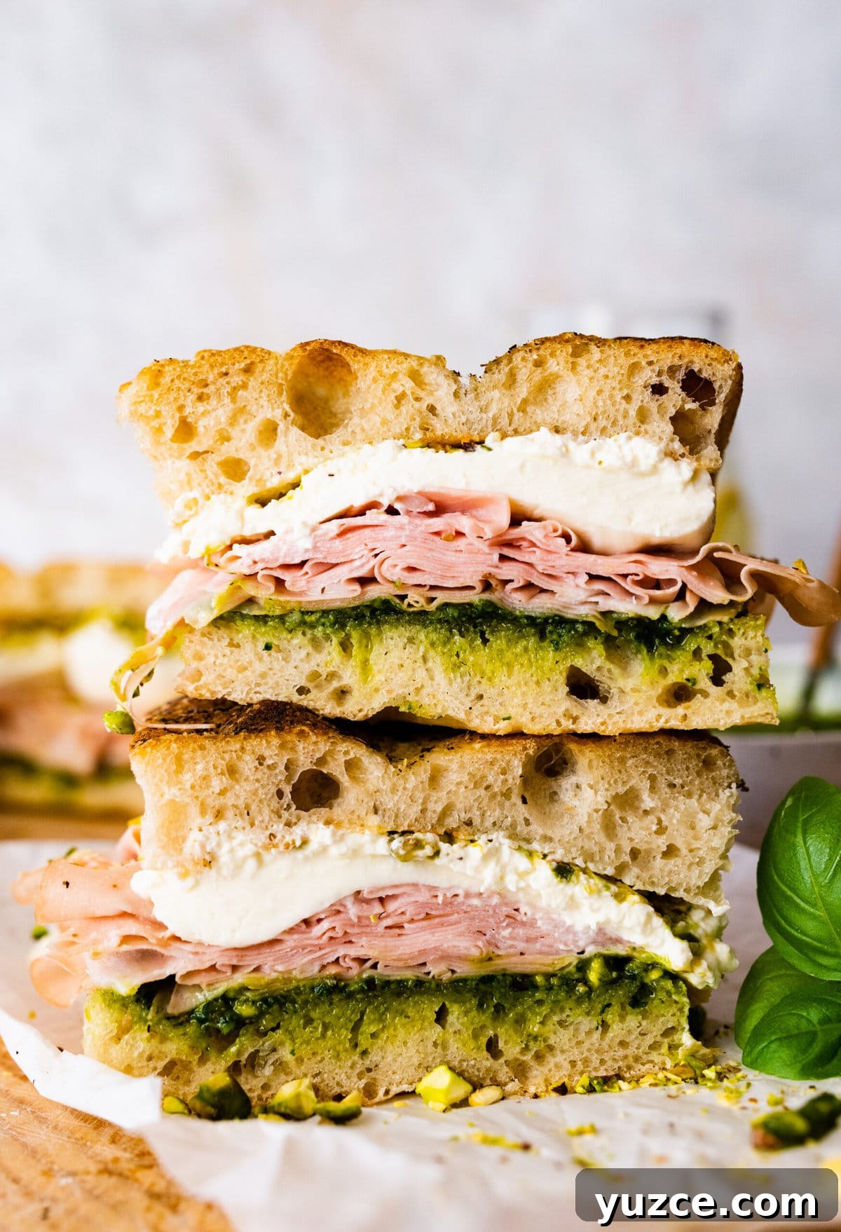 Classic Italian Mortadella Sandwich Recipe — Quick Lunch Idea 2 Two stacked Mortadella Sandwiches with Pistachio Pesto and Burrata.