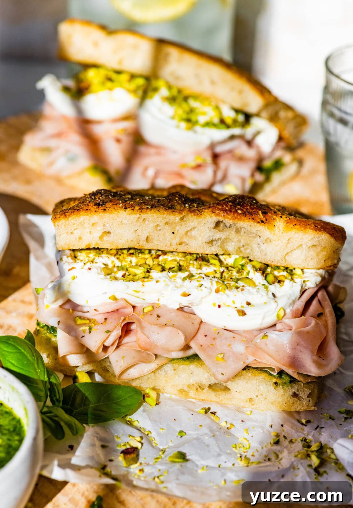 Classic Italian Mortadella Sandwich Recipe — Quick Lunch Idea 14 Assembled Mortadella Sandwich Recipe with Pistachio Pesto and Burrata with pesto on the side. Ready to eat.