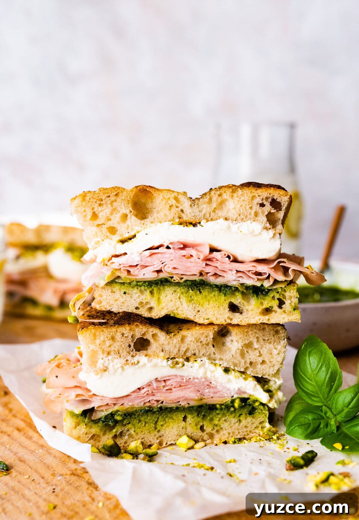 Classic Italian Mortadella Sandwich Recipe — Quick Lunch Idea 16 Two stacked Mortadella Sandwiches with Pistachio Pesto and Burrata.