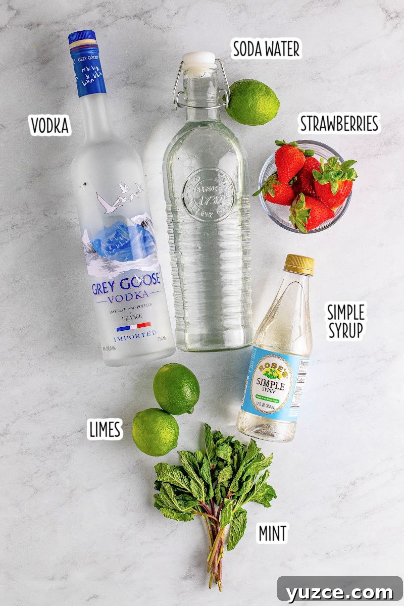 Strawberry Vodka Smash: Refreshing Summer Cocktail Recipe 4 ingredients to make a strawberry vodka smash cocktail with text labels