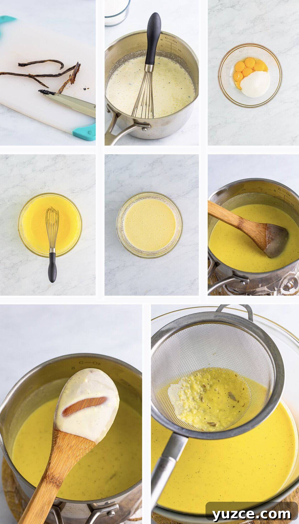 Collage of photos showing how to make Creme Anglaise Recipe on grey marble table top.