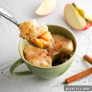 Warm Apple Cinnamon Mug Cake Recipe for One 13 Spoon with apples and cake being held over top cake in a green mug