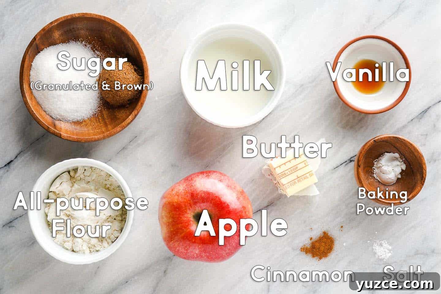 Warm Apple Cinnamon Mug Cake Recipe for One 3 Ingredients used for apple cinnamon mug cake on marble board