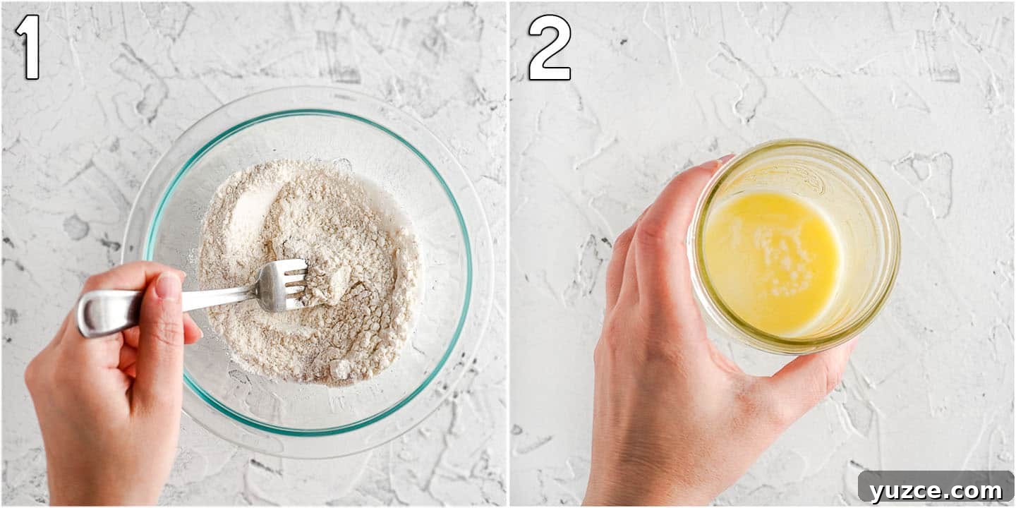 Warm Apple Cinnamon Mug Cake Recipe for One 4 Bowl of dry ingredients on left and cup with melted butter on the right