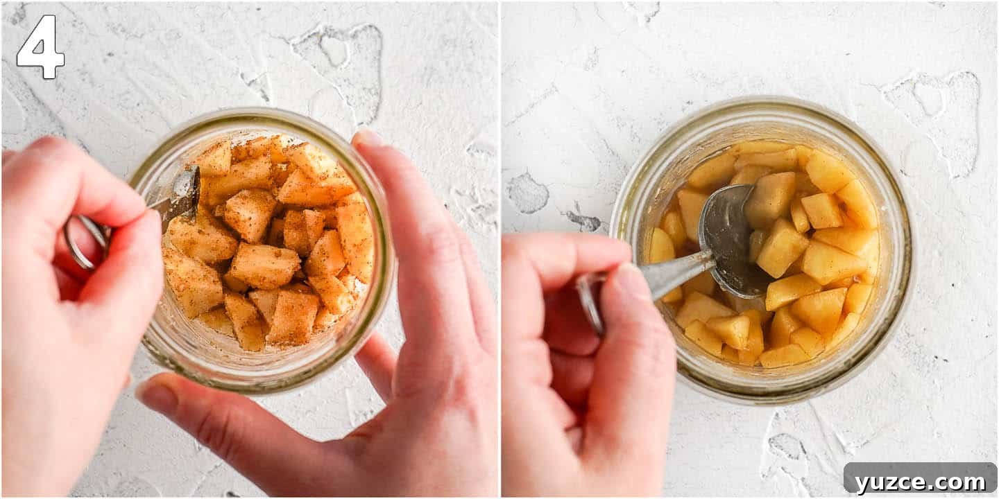 Warm Apple Cinnamon Mug Cake Recipe for One 6 Collage of two images showing chopped apples in glass jar before and after cooking