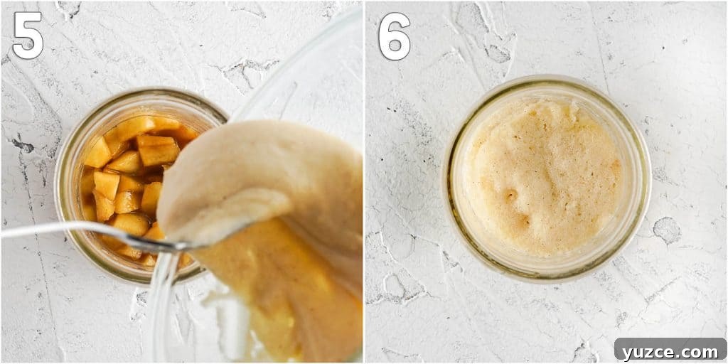 Warm Apple Cinnamon Mug Cake Recipe for One 7 Collage of images pouring cake batter over apples and cooked cake in glass jar