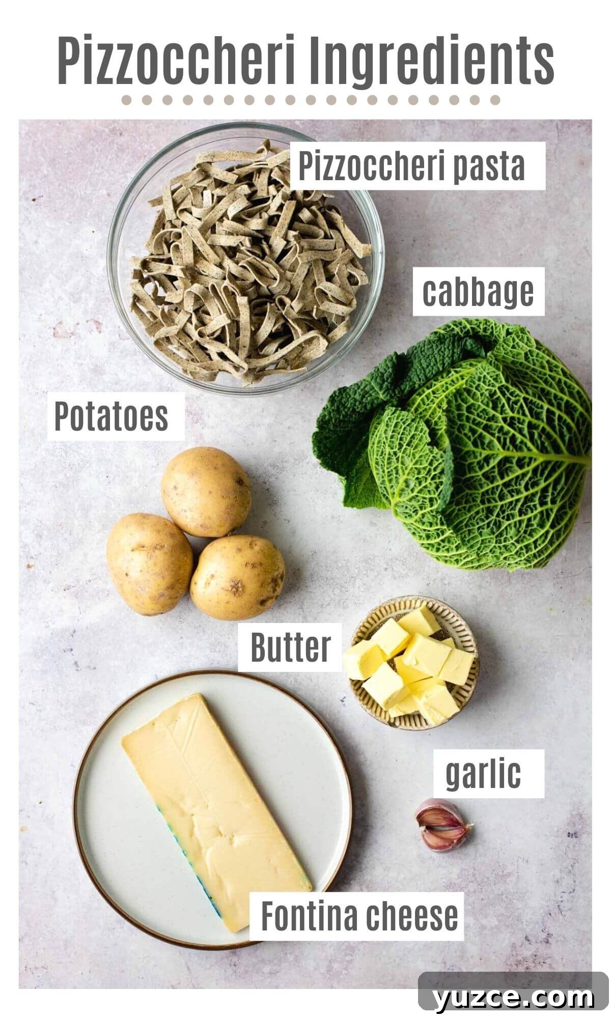 An overhead shot of all the ingredients you need to make Pizzoccheri pasta with potatoes and cabbage