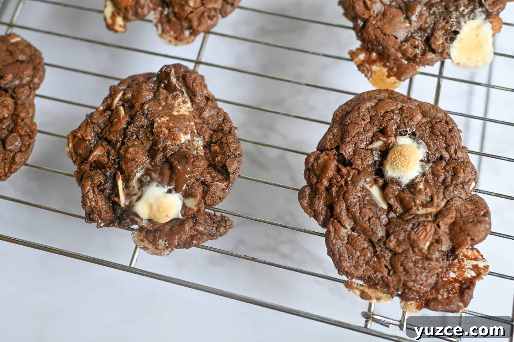 Decadent Rocky Road Cookies with Chocolate, Nuts & Marshmallows 2 rocky road cookies on a cooling rack.