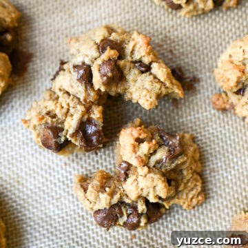 peanut butter chocolate chip cookie torn apart on a baking sheet.
