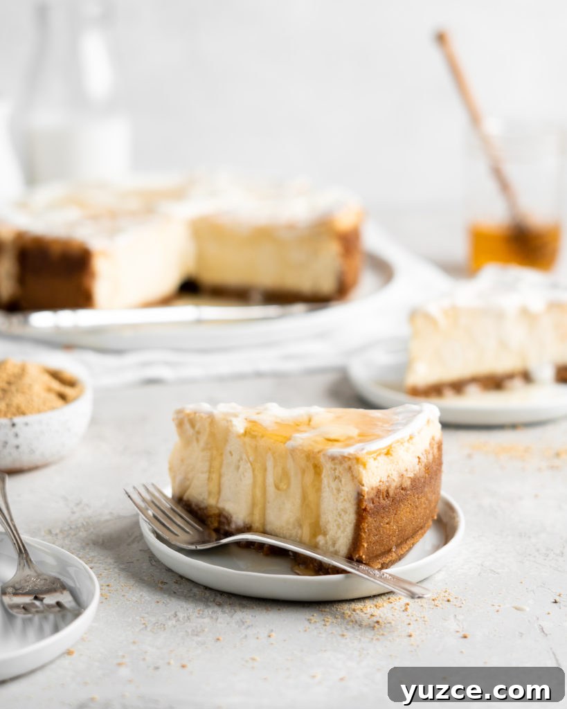 Salted Honey Cheesecake Recipe with Crispy Graham Crust 5 Creamy Salted Honey Cheesecake has a graham cracker crust and a sour cream topping. Drizzled with additional salted honey
