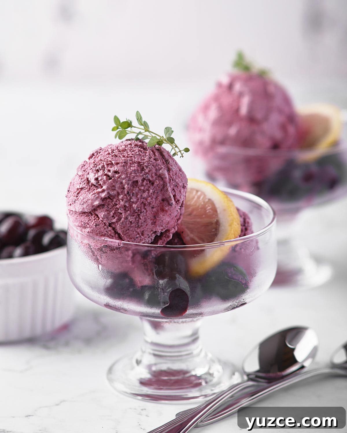 Blueberry Sherbet Recipe: Refreshing Homemade Frozen Treat 2 Two glass bowls of blueberry sherbet with lemon and thyme sprig.