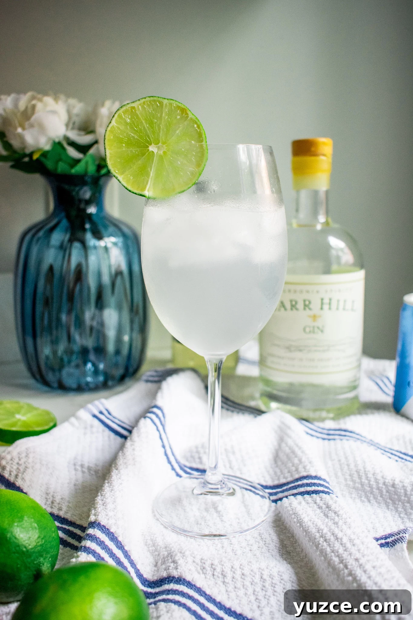Embrace Hygge Year-Round: Cozy Living Beyond Winter 8 Elderflower gin soda in a stem wine glass garnished with lime.